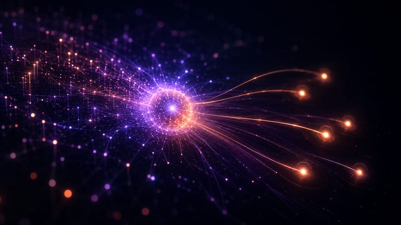 Abstract visualisation of the Omnidex publisher advertising network connecting premium gaming and entertainment publishers with advertiser demand.